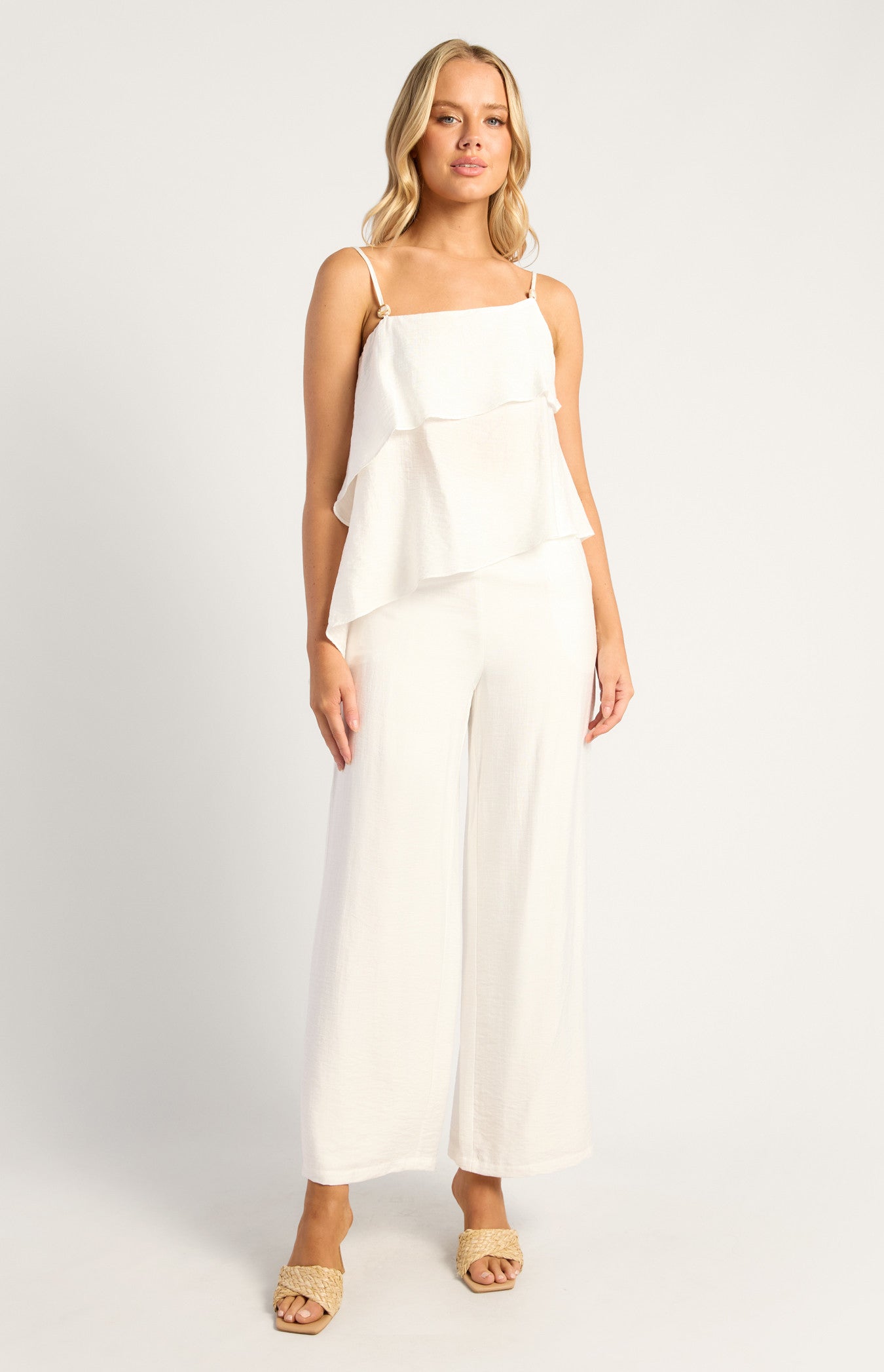 Marble Beaded Detail Two Tiered Asymmetric Top And Pants Set