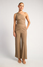 One Shoulder Ruched Detail Textured Pants