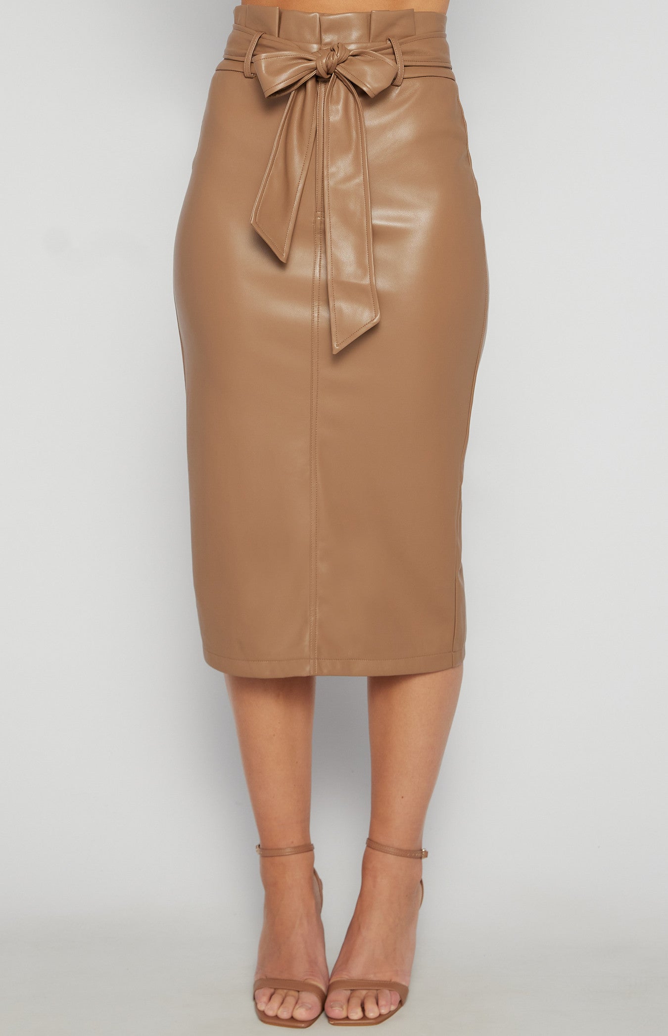 Paperbag Waist Faux Leather Midi Skirt