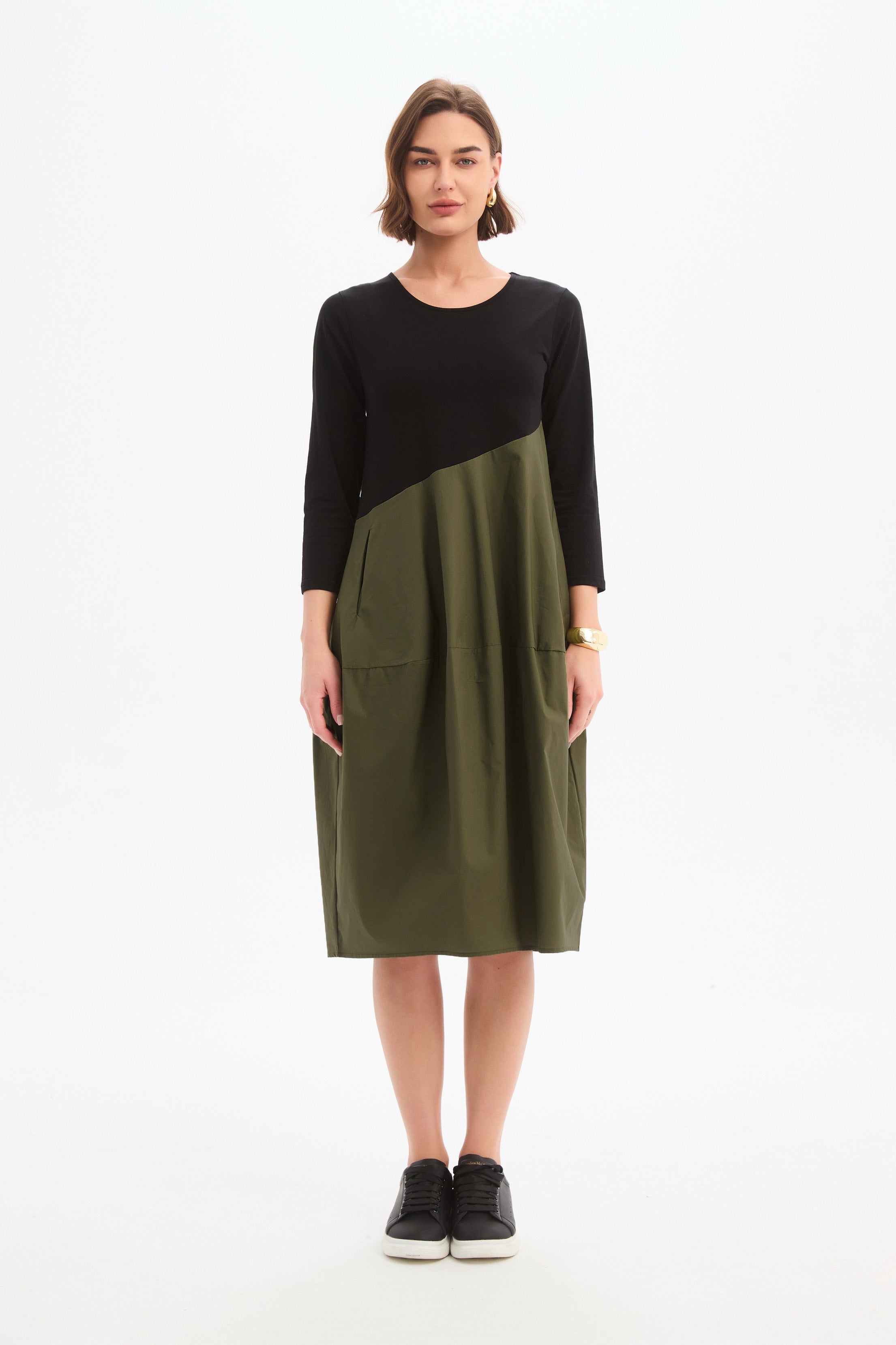 DIAGONAL SEAM COMBI DRESS - Black Khaki