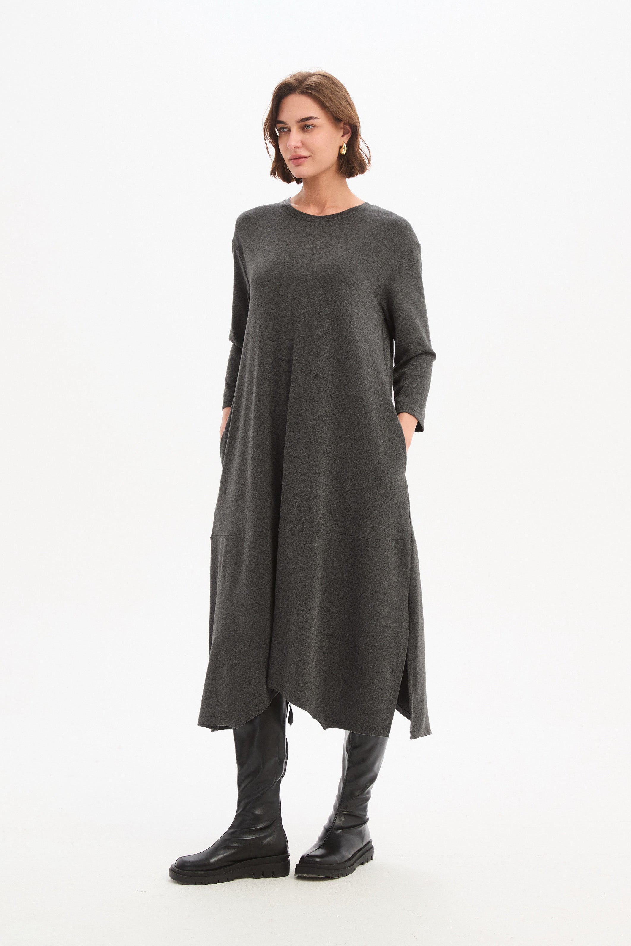 OVERLAY PANEL KNIT DRESS - Charcoal