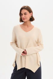 V Neck Split Knit  - Cream