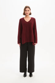 V Neck Split Knit  - Wine