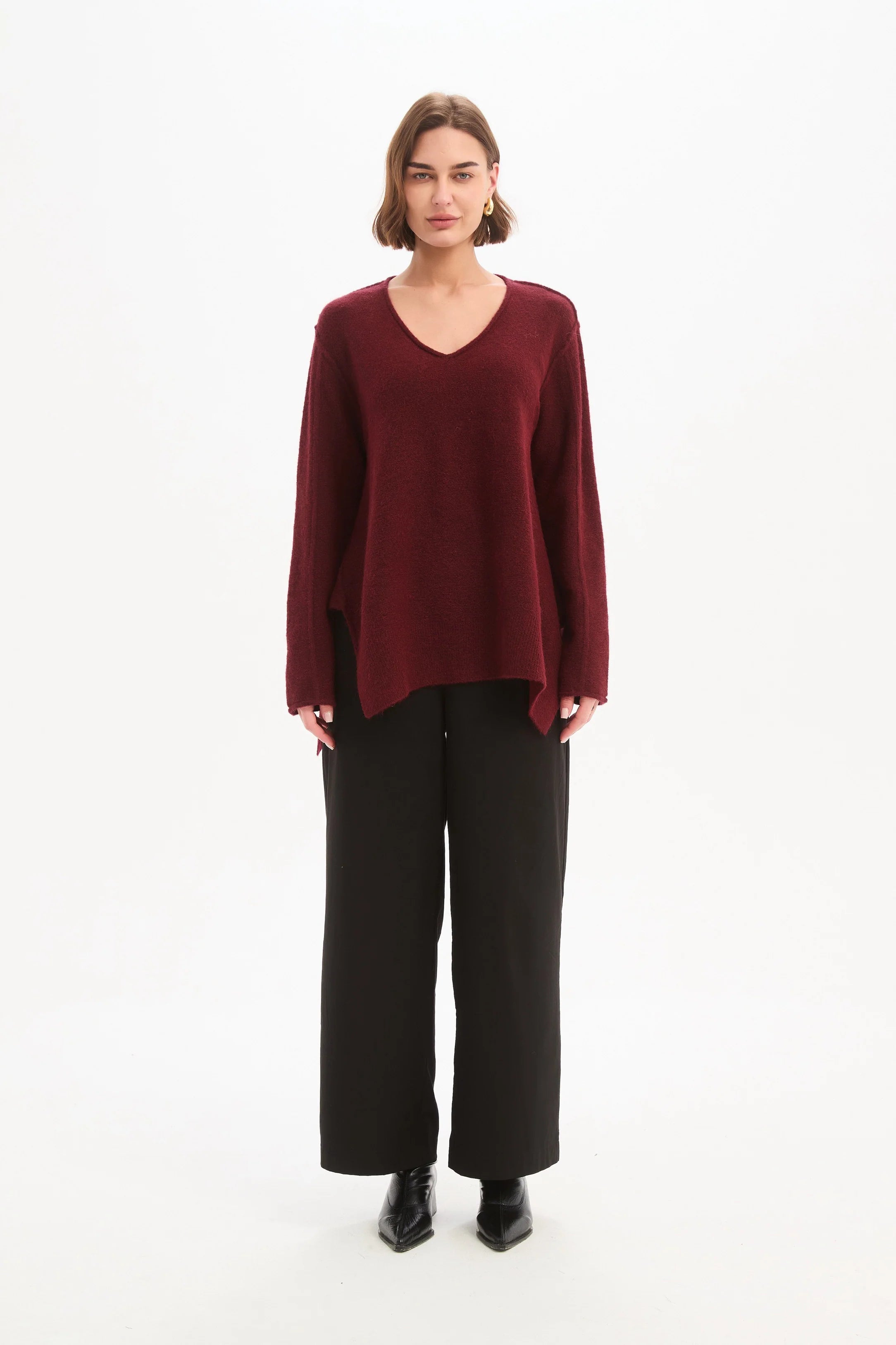 V Neck Split Knit  - Wine