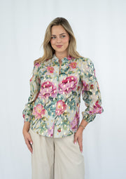 Gold foil flower print ball button blouse