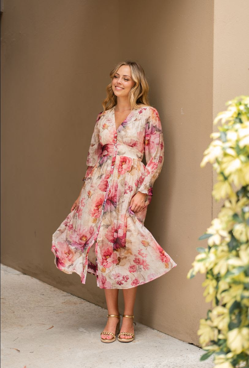 Vintage peony button thru dress - Cream