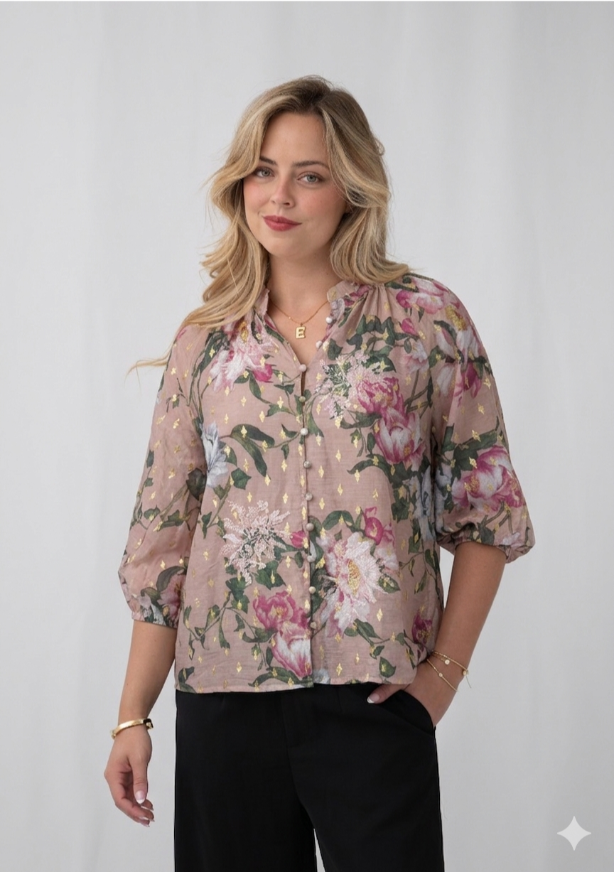 Gold Foil Rose Print Blouse