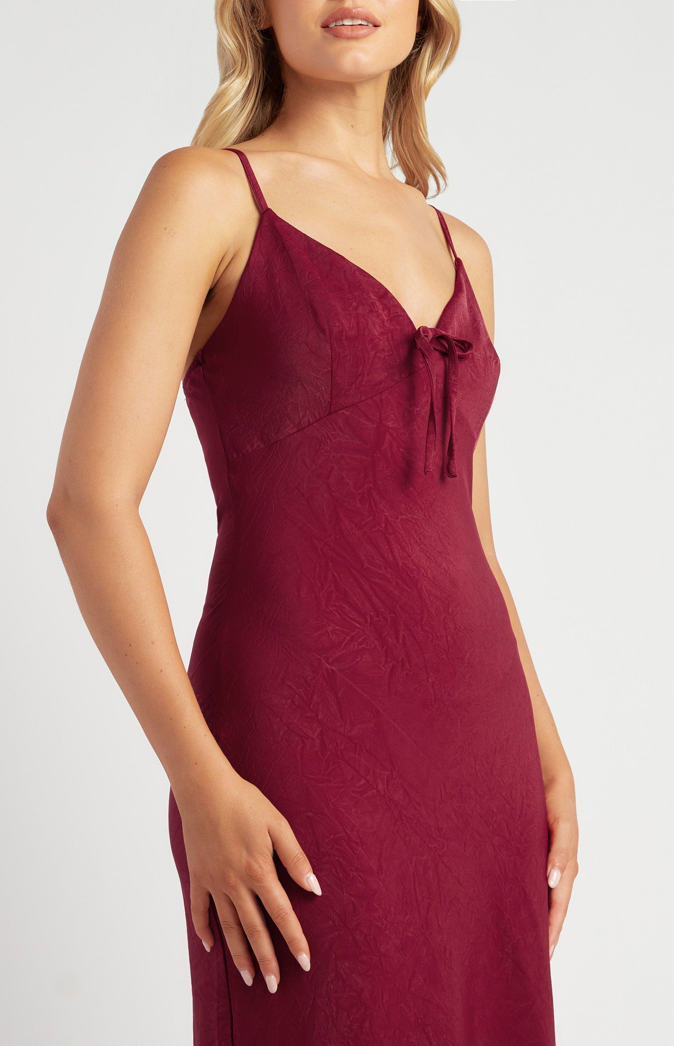 Creased Matte Satin Dress with Front Tie Detail