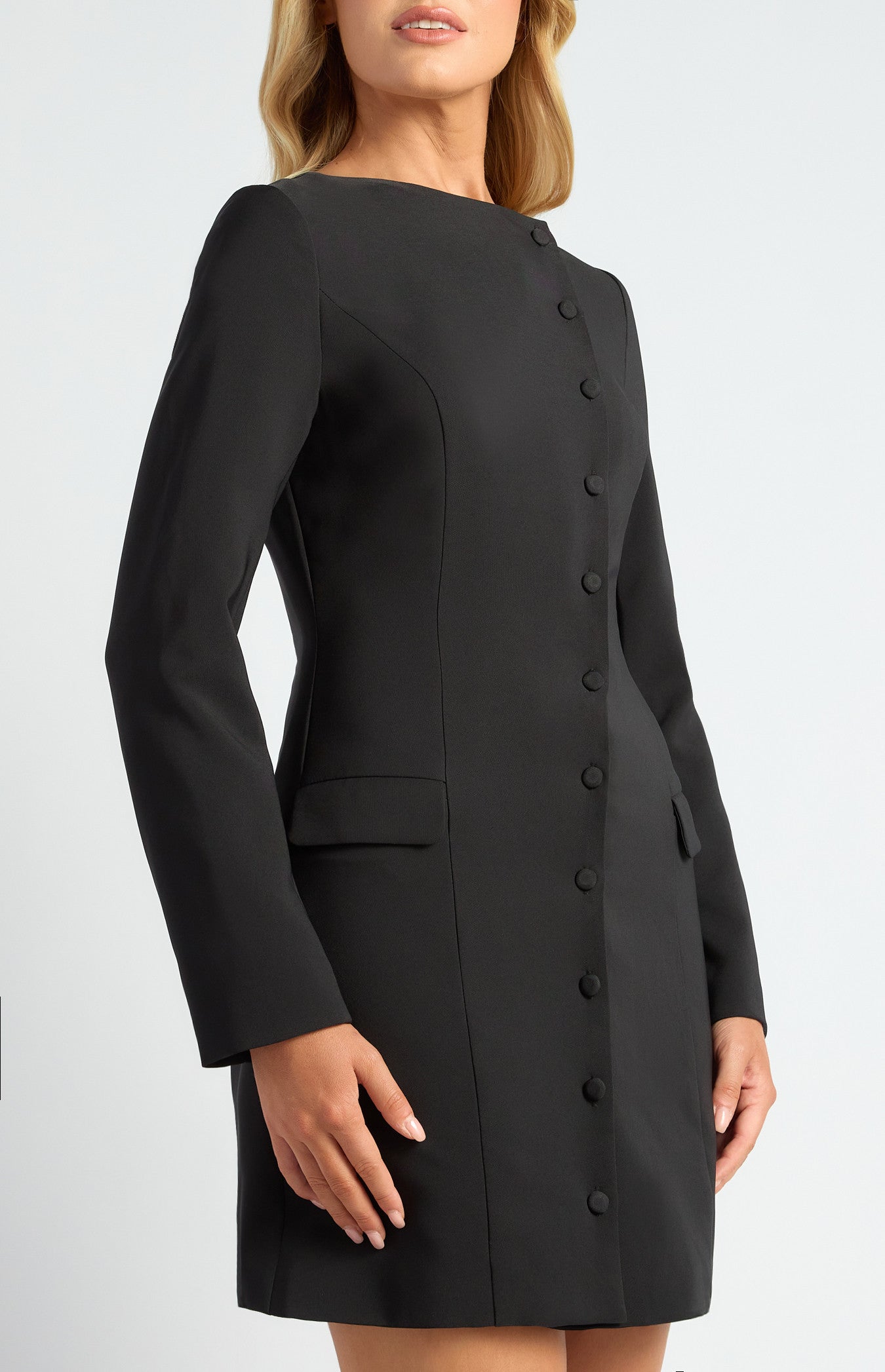 Asymmetric Self Covered Buttons Detail Blazer Dress (WDR814B)