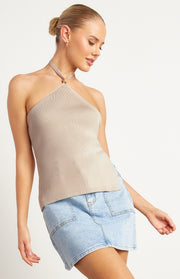 Wooden Bead Detail Halter Knit Top