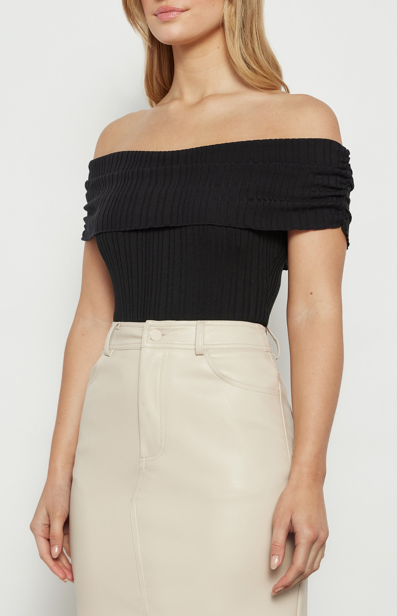 Off Shoulder Textured Lightweight Knit Bodysuit