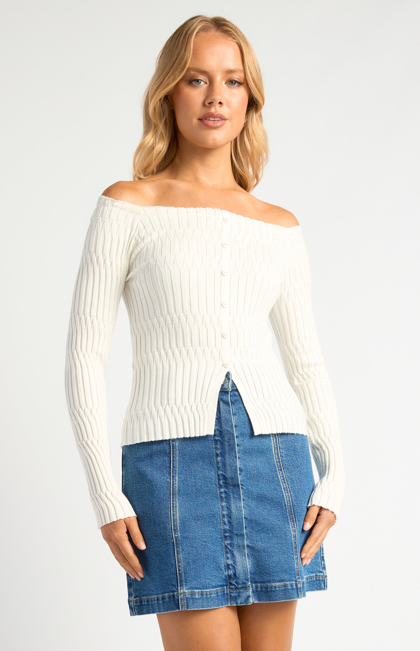 Off Shoulder Patterned Knit Top with Front Button Details
