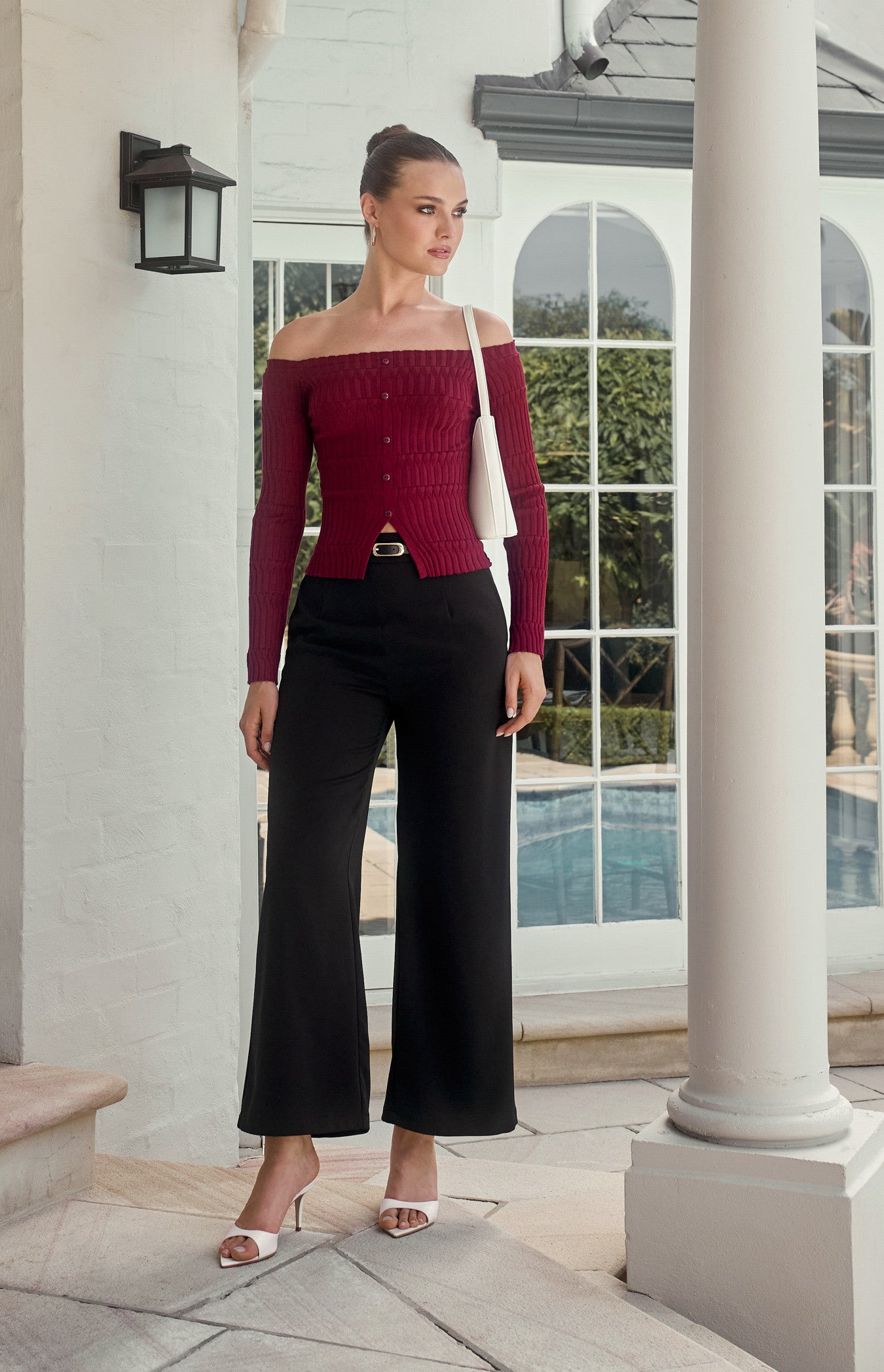 Off Shoulder Patterned Knit Top with Front Button Details