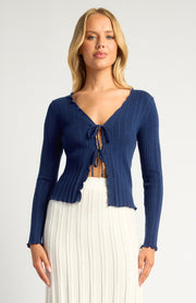 Double Front Tie Lettuce Edge Detail Knit Top