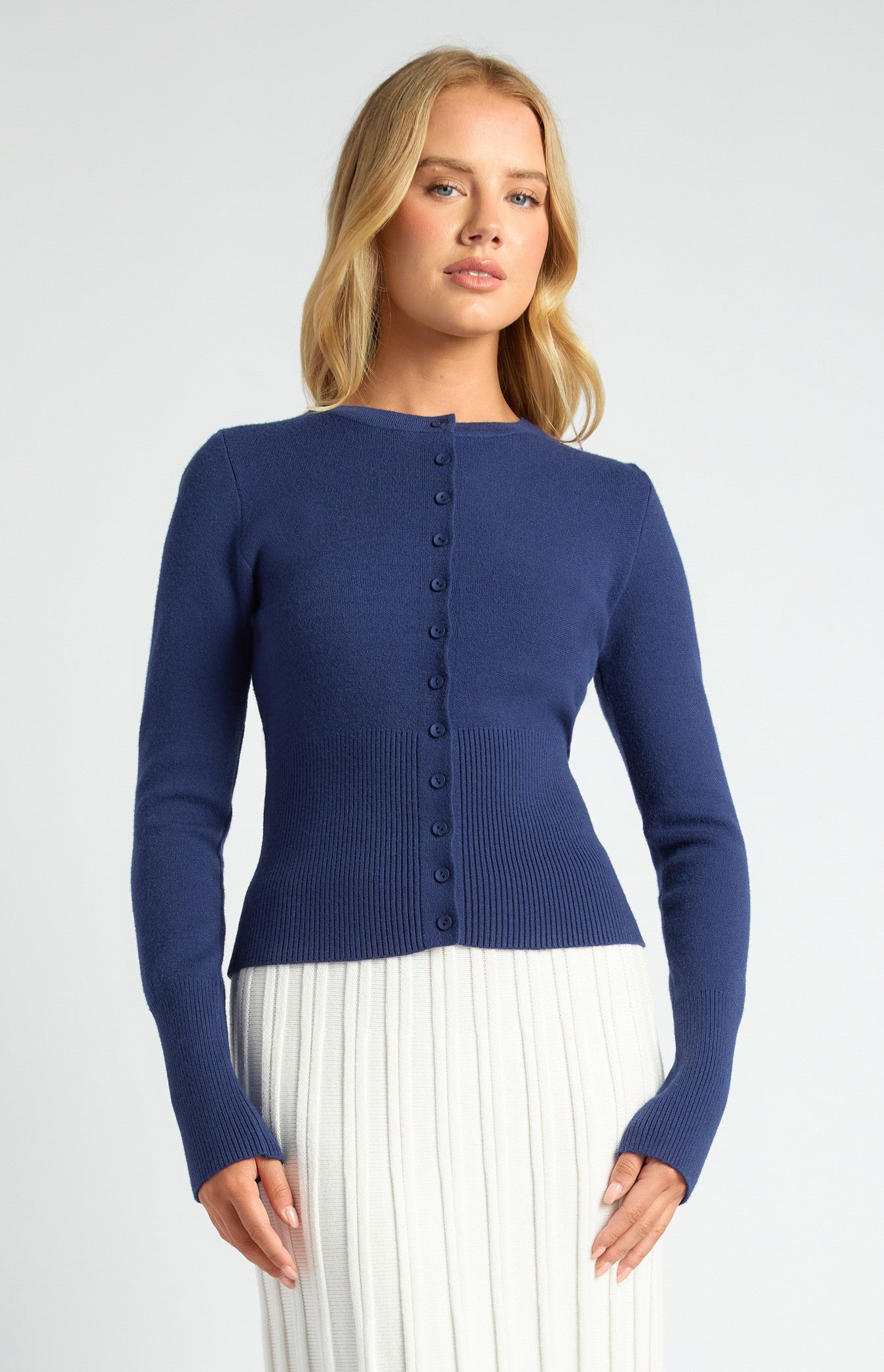 Cinch Waist Ribbed Detail Button Up Cardigan