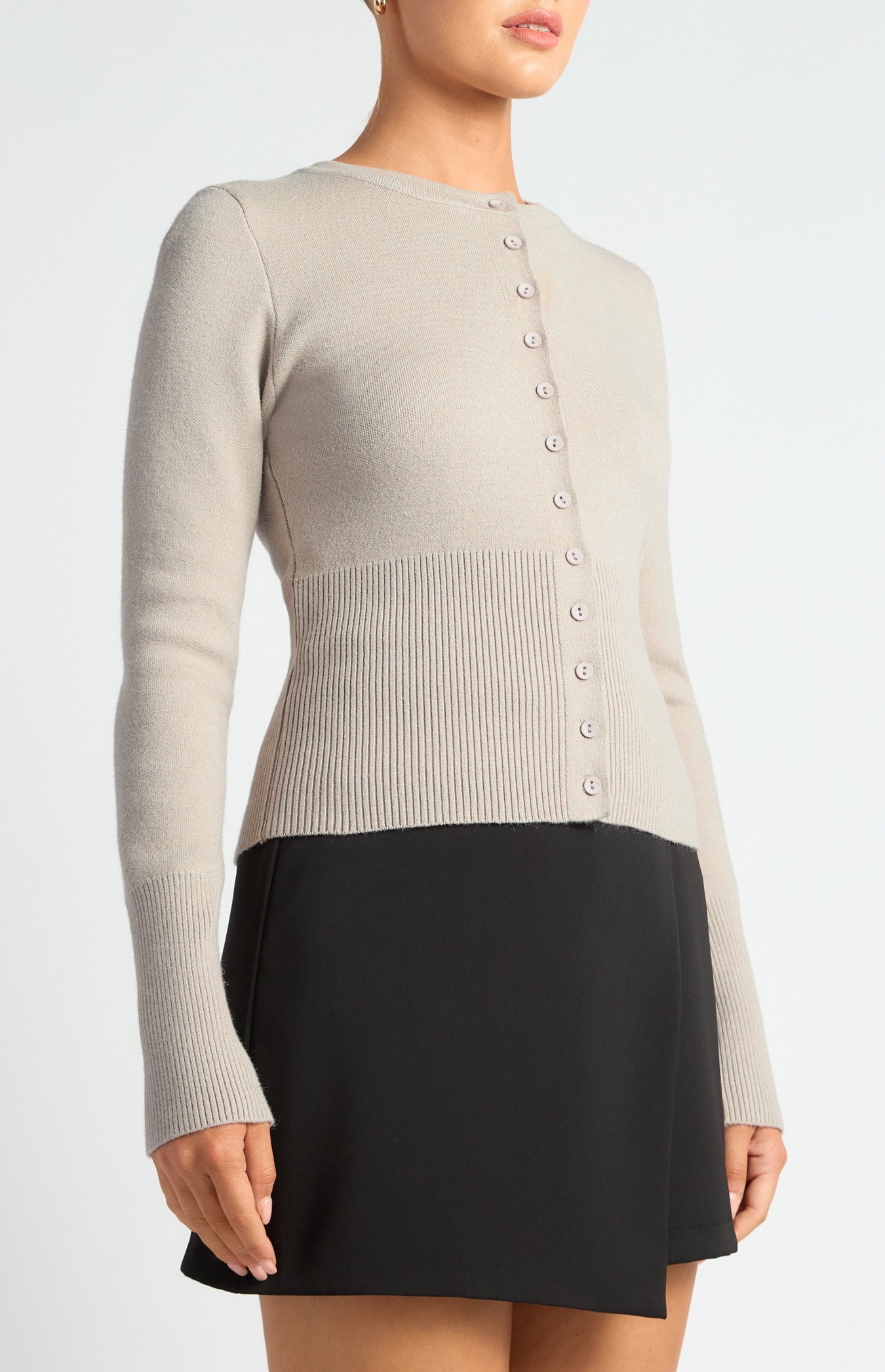 Cinch Waist Ribbed Detail Button Up Cardigan