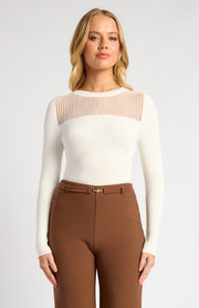 Sheer Stripe Textured Neckline Long Sleeve Knit Top
