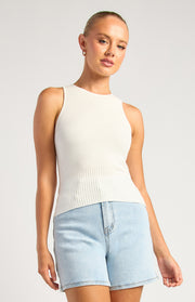 Racer Neckline Ribbed Panel Knit Top