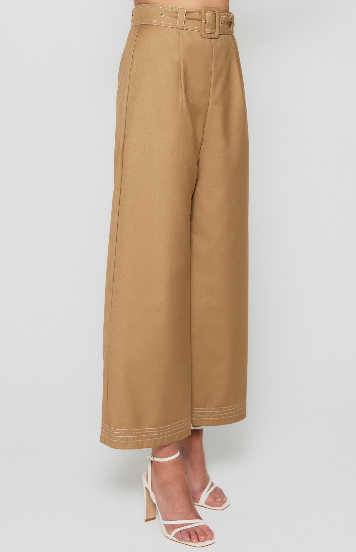 Contrast Stitching Wide Leg Pants with Belt Buckle