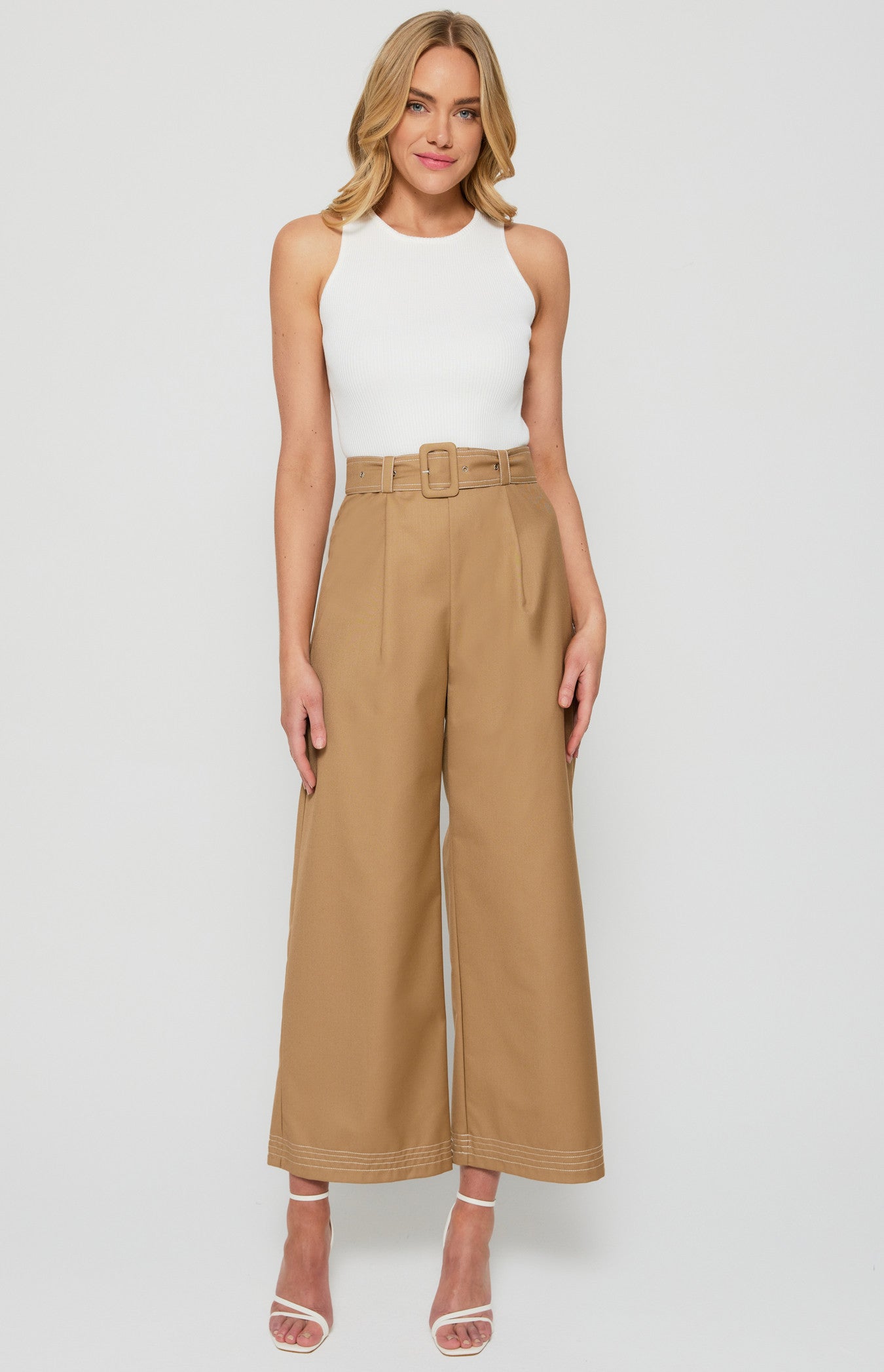 Contrast Stitching Wide Leg Pants with Belt Buckle