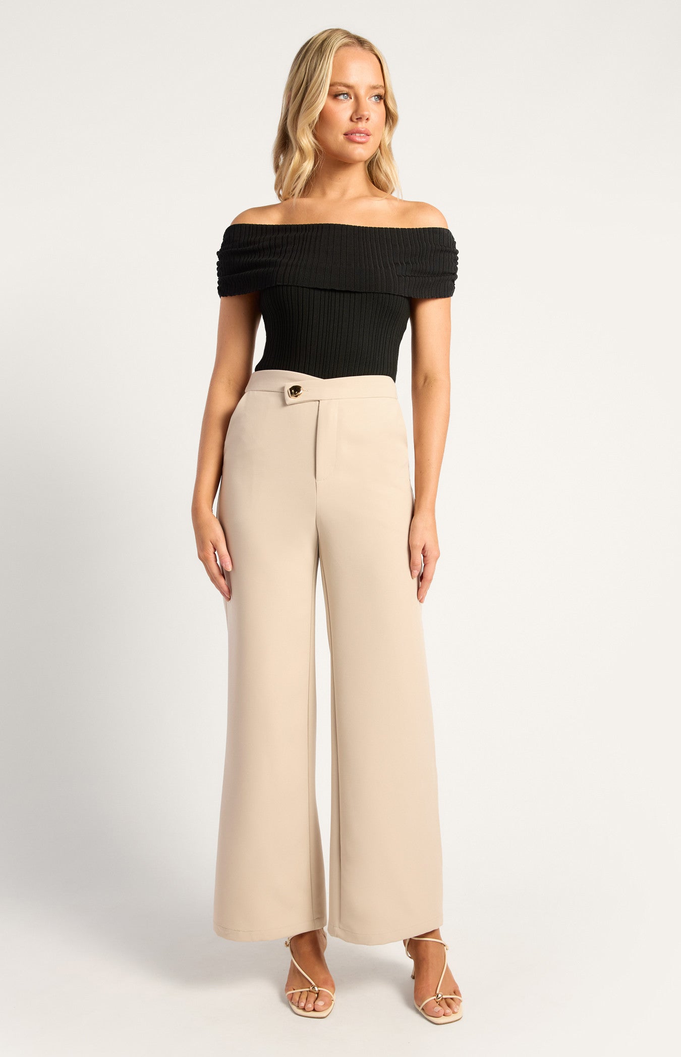 Asymmetric Waistband Gold Feature Button Pants