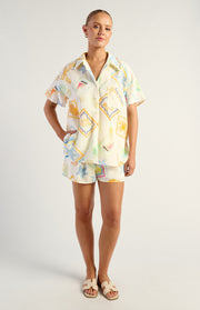 Linen Look Sea Shell Print Set With Shirt And Elastic Shorts