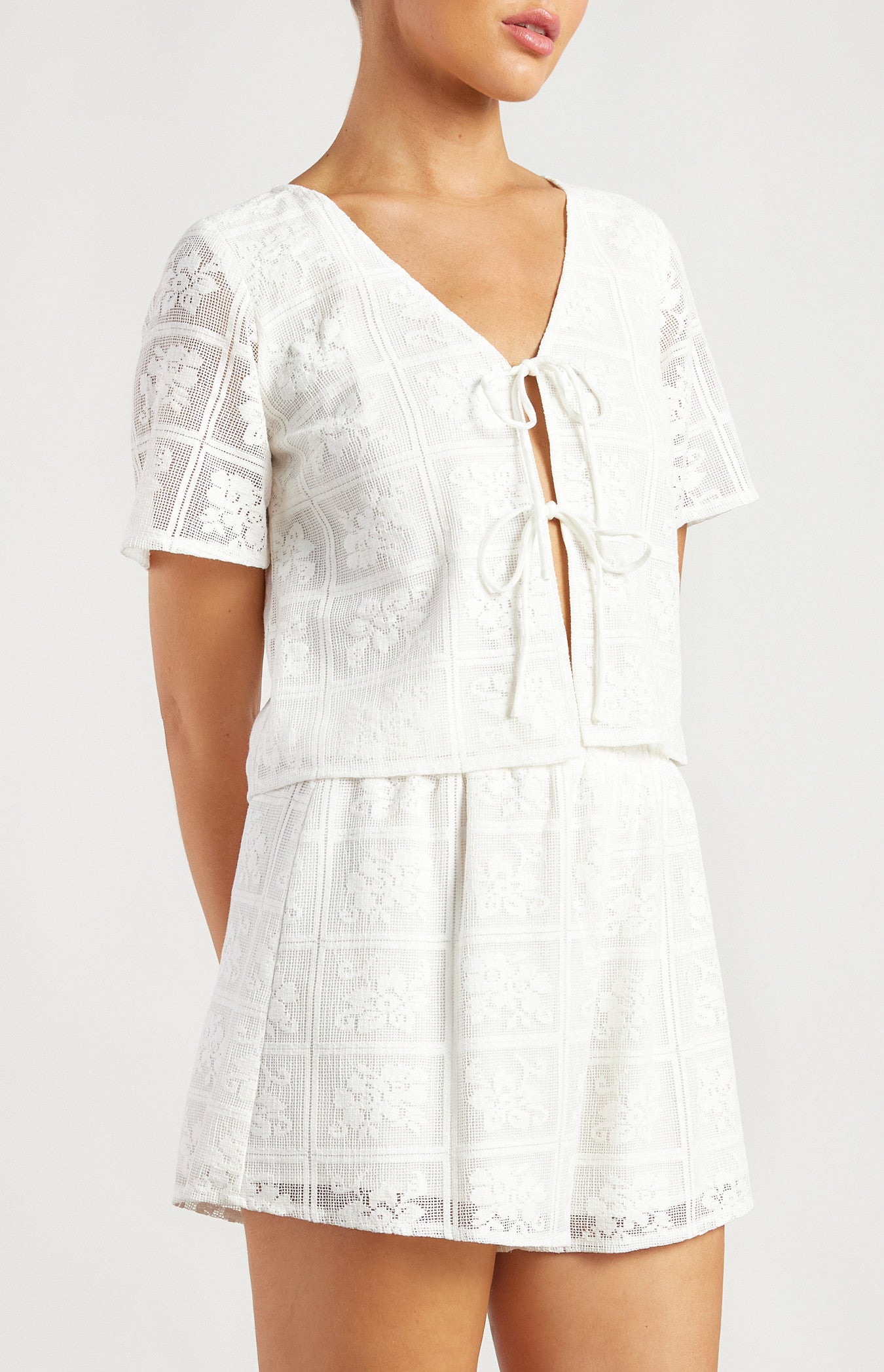 Patchwork Lace Double Front Tie Top And Shorts Set