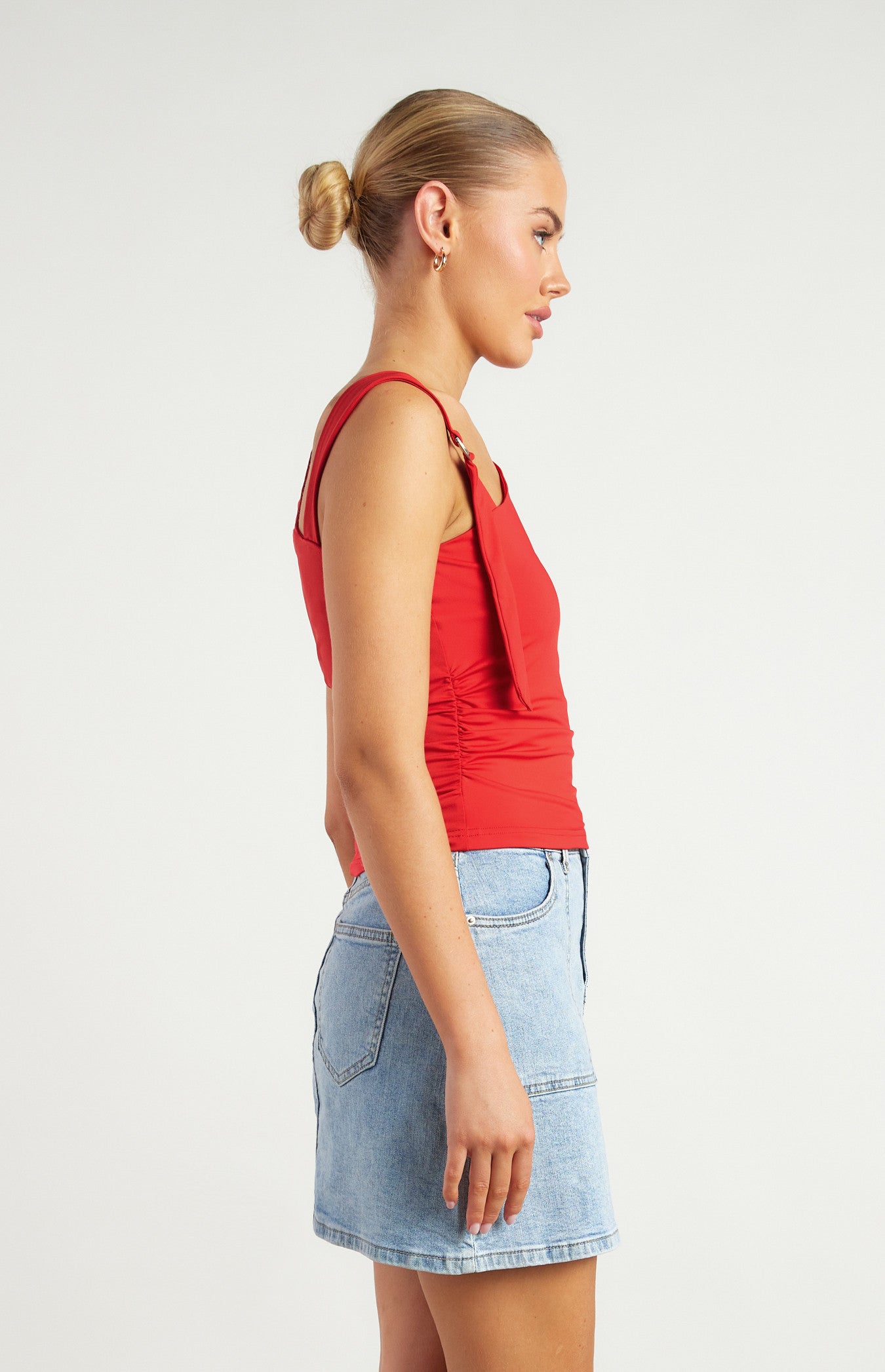 D-Ring Buckle Shoulder Detail Ruched Jersey Top