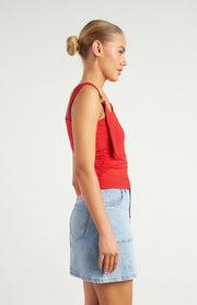 D-Ring Buckle Shoulder Detail Ruched Jersey Top