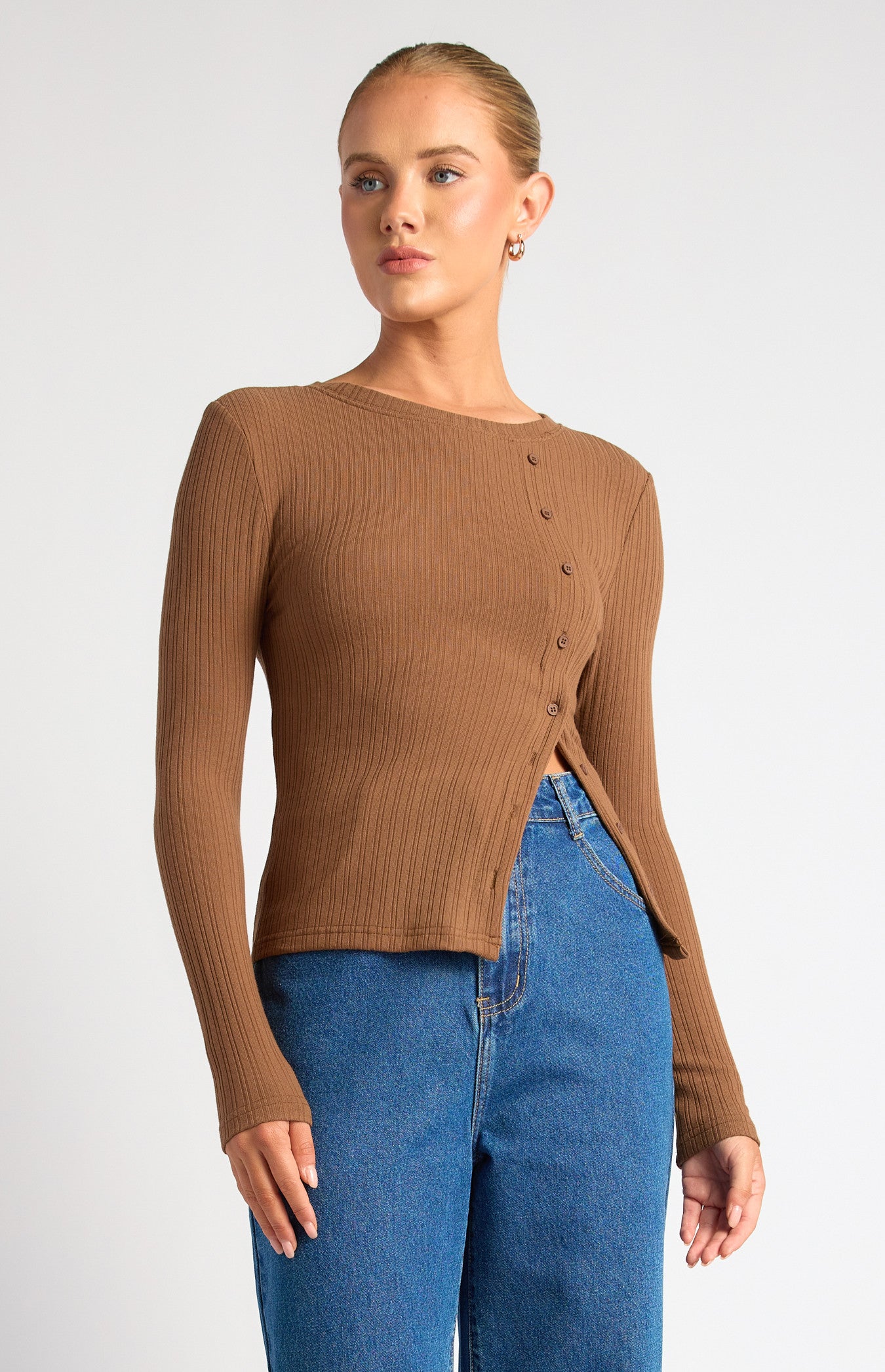 Asymmetric Button Up Long Sleeve Jersey Top