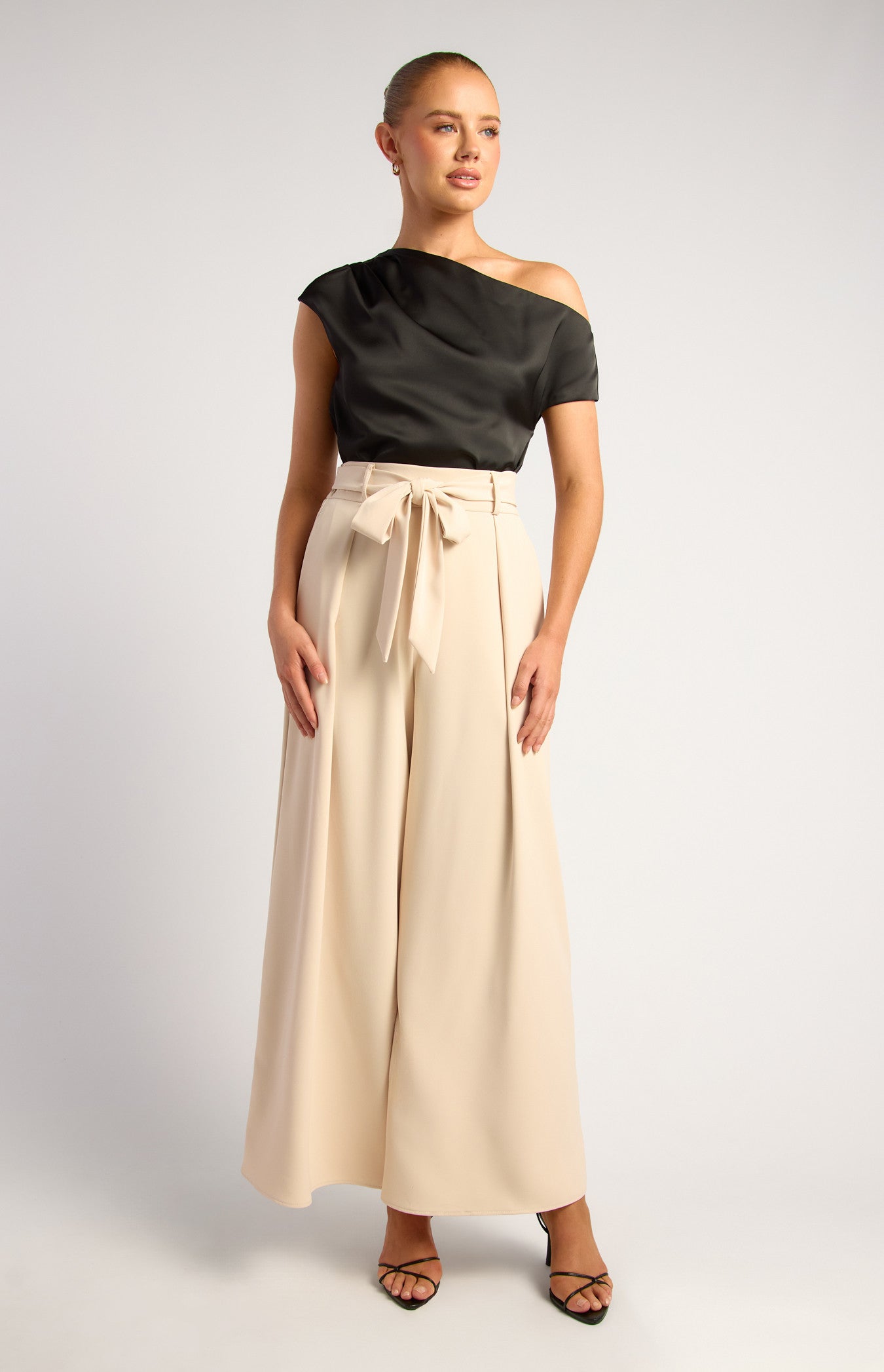 Asymmetric Neckline Pleated Detail Satin Top