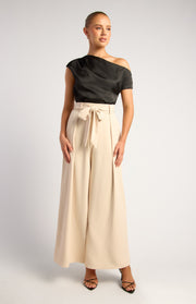 Asymmetric Neckline Pleated Detail Satin Top