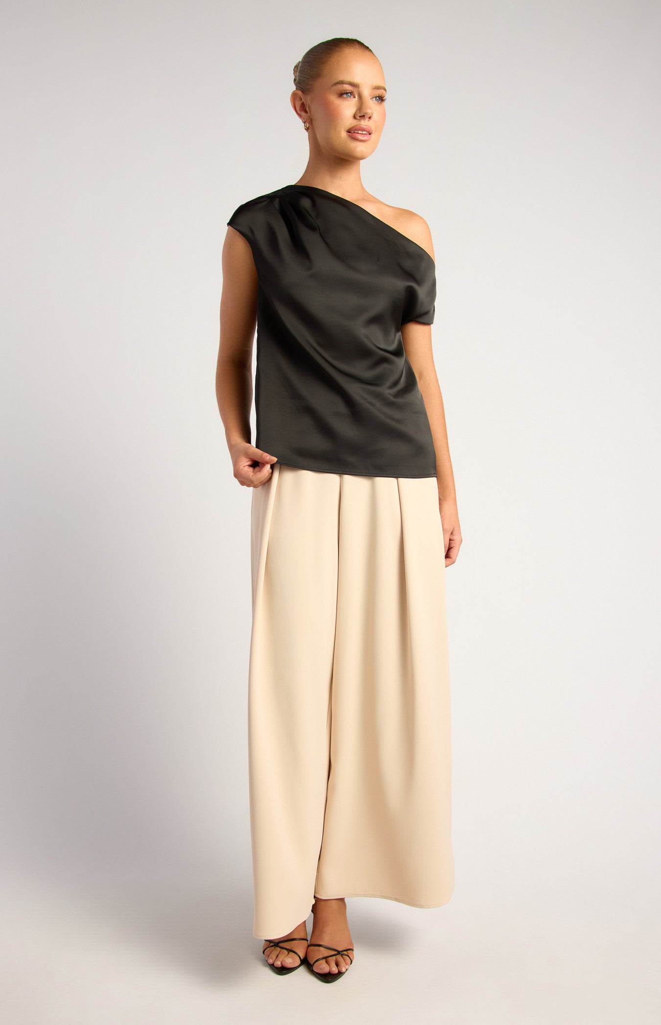 Asymmetric Neckline Pleated Detail Satin Top