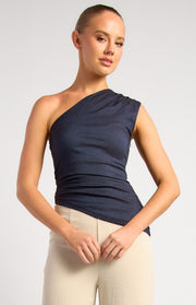 One Shoulder Stretch Rayon Blend Jersey Top With Side Gold Buckle