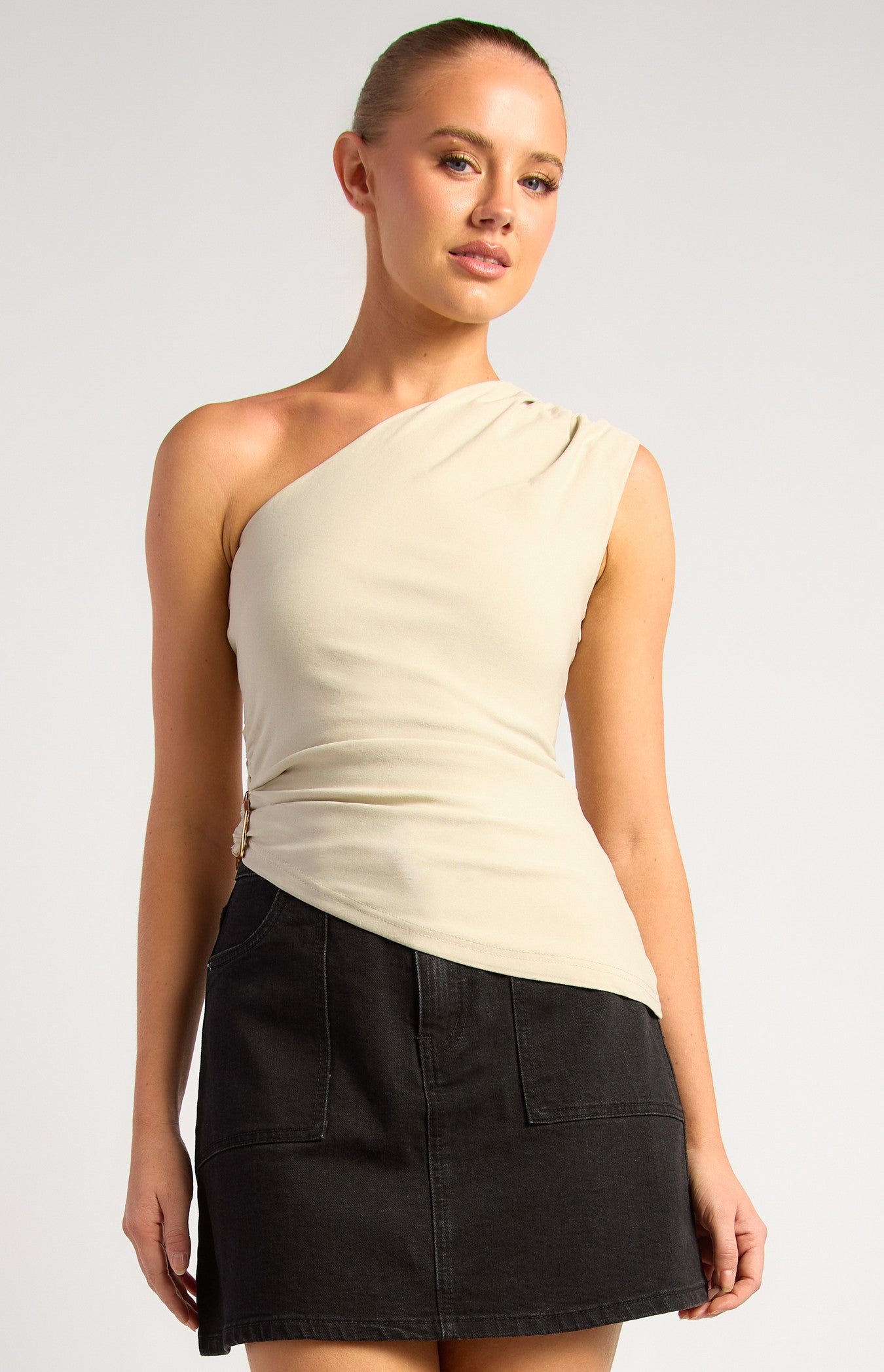 One Shoulder Stretch Rayon Blend Jersey Top With Side Gold Buckle