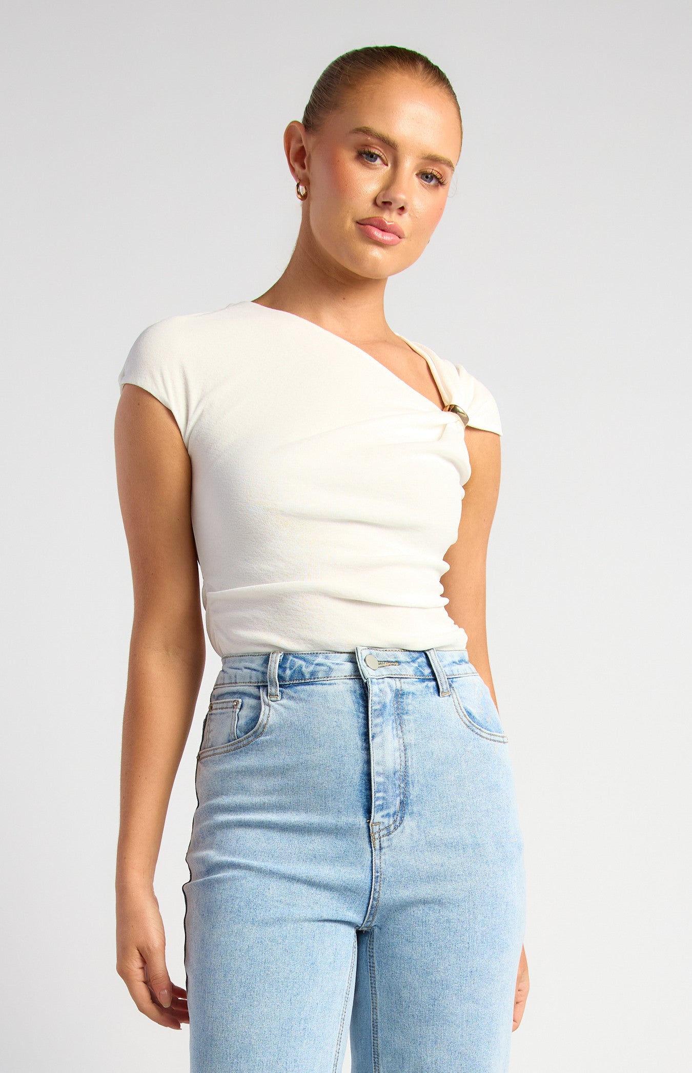 Tissue Jersey Asymmetric Neckline Gold Buckle Top